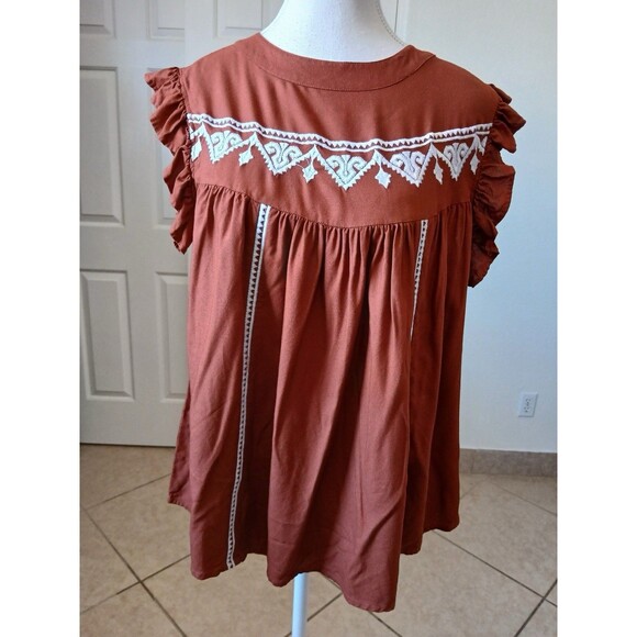 Lascana Woman’s blouse  Rust White Embroidery short flutter sleeves 6 Bohemian - Picture 2 of 14